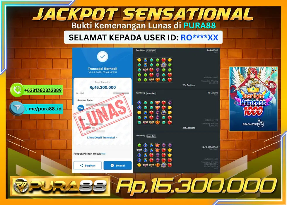 PURA88 JACKPOT STARLIGHT PRINCESS 1000 Rp 15.300.000,- LUNAS
